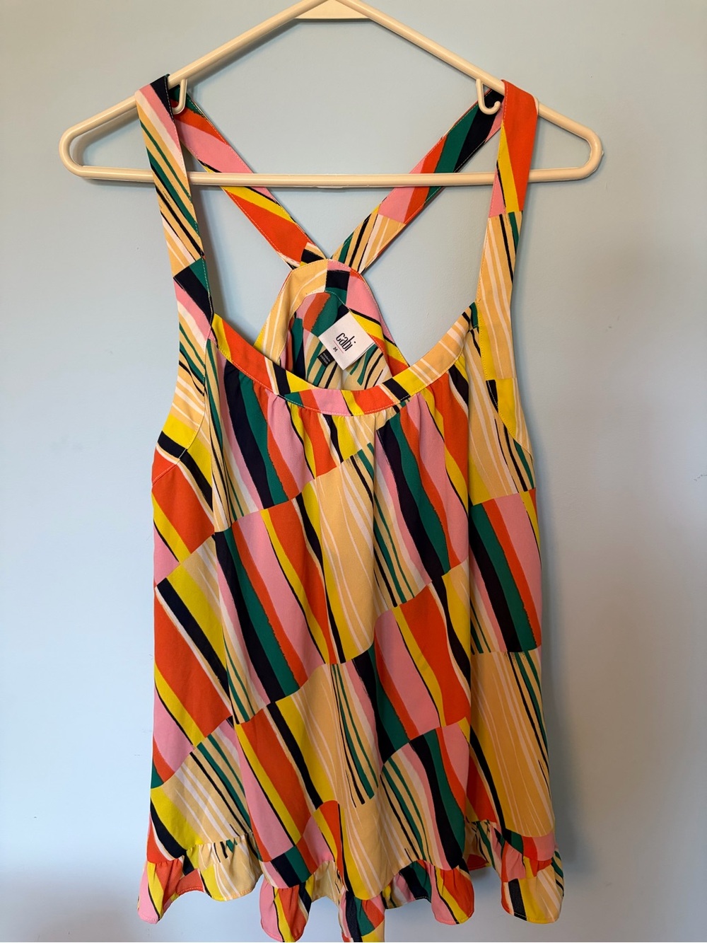 CAbi Multicolor Striped Cross-Back Camisole — Pink, Yellow, Green, Blue, Orange